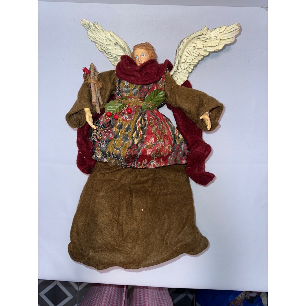 Vintage Christmas Angel Tree Topper Rustic Brown Tapestry Gown Resin Wings‎ 16in